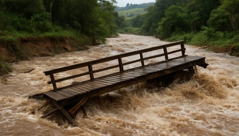 Ponte no Ribeirão Bracinho é arrastada pela água em Apiúna (SC)